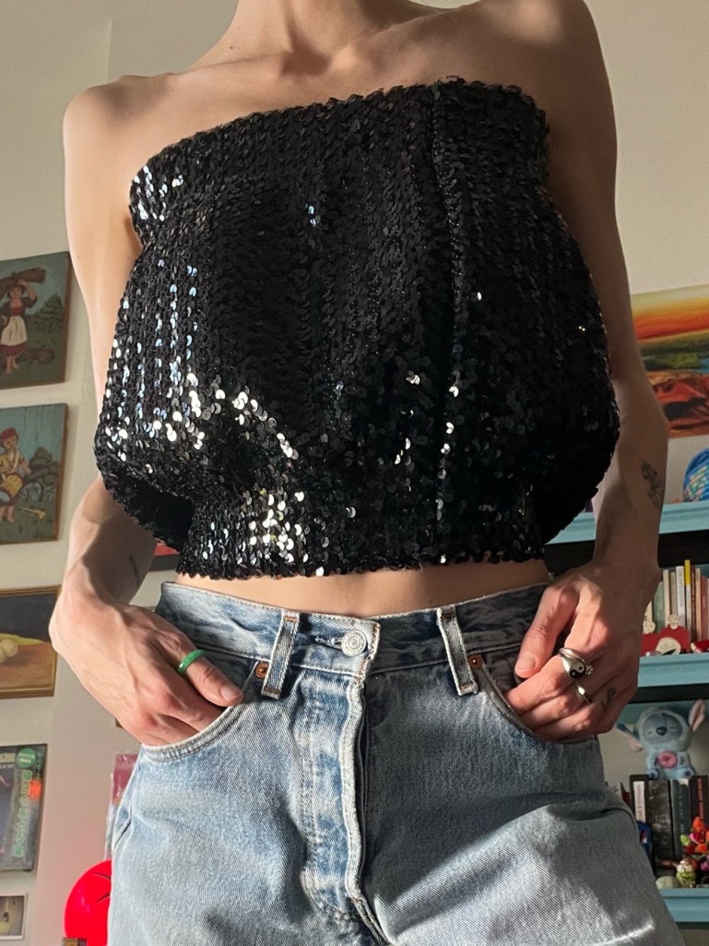 70s Black Sequin Tube Top